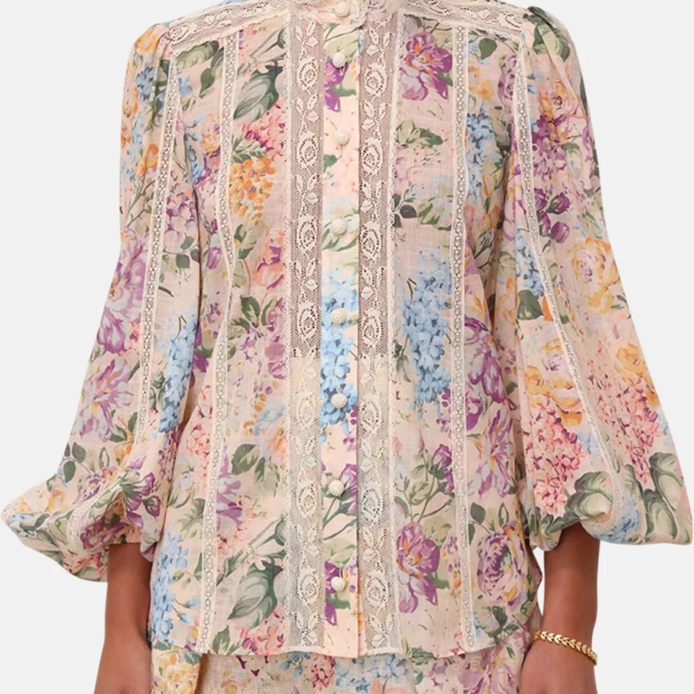 Zimmermann Halliday lace trim floral watercolour Blouse size 0 small